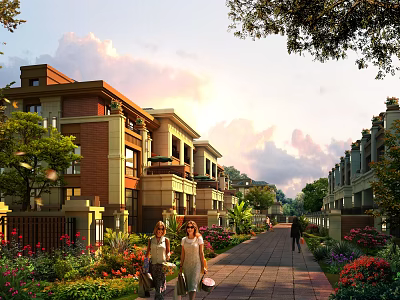 Elegant Townhouse Exterior With Landscaped Gardens Walkway People And Sunset Sky 3d model