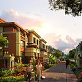Elegant Townhouse Exterior With Landscaped Gardens Walkway People And Sunset Sky