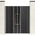 Modern Entrance Gate with Vertical Stripes Design and Brass Handle Flanked by Stone Pillars