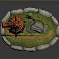 Detailed Wooden Windmill Model On Rock Base With Small Trees And Grass