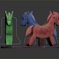 Children Playing With Colorful Wooden Carousel Horses On Round Base