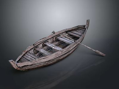 Vintage Wooden Boat with Weathered Wooden Planks and Oar on Reflective Black Background 3d model