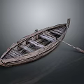 Vintage Wooden Boat with Weathered Wooden Planks and Oar on Reflective Black Background
