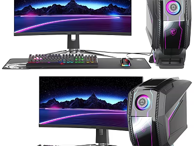 Modern Gaming PC Setup With RGB Monitor Tower Keyboard Mouse And Scenic Wallpaper 3d model