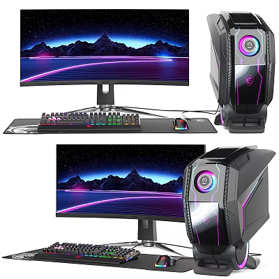 Modern Gaming PC Setup With RGB Monitor Tower Keyboard Mouse And Scenic Wallpaper 3d model
