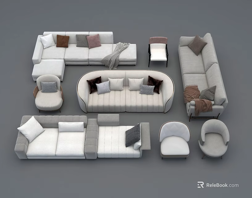 Modern Sofa Set Featuring Sectional Armchairs Decorative Pillows And Throw Blankets 3d model