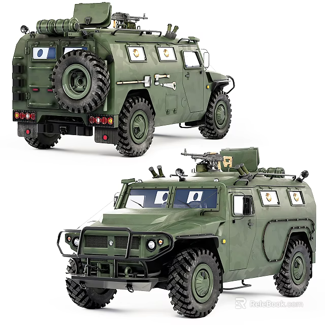 Green Military Vehicles With Spare Tire And Weapon Mounts 3d model 