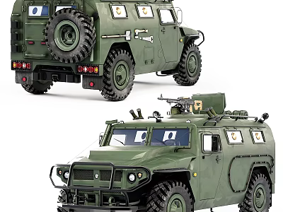 Green Military Vehicles With Spare Tire And Weapon Mounts 3d model