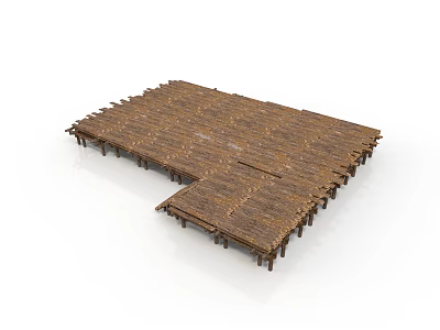Fresh Green Plants Around Brown Wooden Deck Platform With Natural Wood Grain 3d model