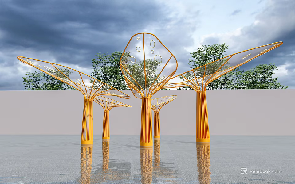 Modern Orange Tree Shaped Pergola Design With Multiple Structures And Ground Reflection 3d model
