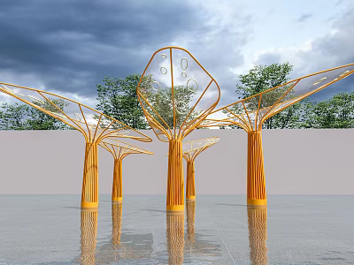 Modern Orange Tree Shaped Pergola Design With Multiple Structures And Ground Reflection 3d model