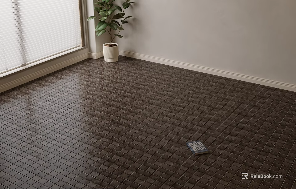 Dark Square Floor Tiles in Room Interior With Window Blinds And Corner Potted Plant 3d model 