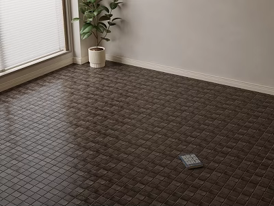 Dark Square Floor Tiles in Room Interior With Window Blinds And Corner Potted Plant 3d model