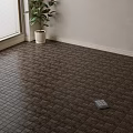 Dark Square Floor Tiles in Room Interior With Window Blinds And Corner Potted Plant