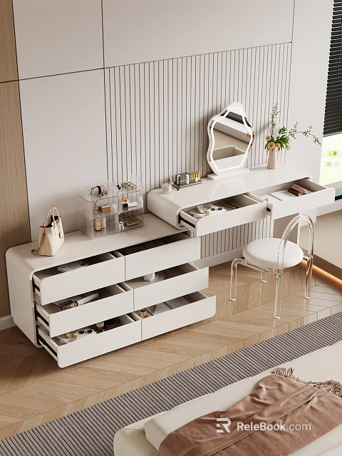 Modern White Dressing Table With Mirror Drawers Transparent Storage And Chair 3d model 