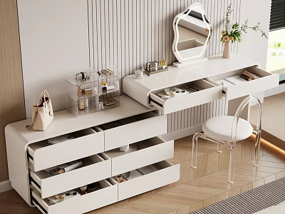 Modern White Dressing Table With Mirror Drawers Transparent Storage And Chair 3d model