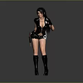 Woman With Long Black Hair In Stylish Black Outfit Holding Knife And Long Boots