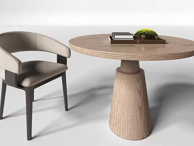Round Wooden Table and Chair Set with Conical Leg Light Gray Fabric and Green Plant 3d model