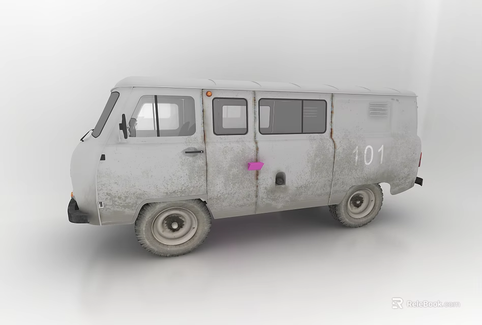Vintage Gray Van With Worn Body And Pink Mark On Door Number 101 3d model 