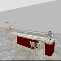 Modern Display Shelves With Golden Frame Red Cabinet And Glass Showcase