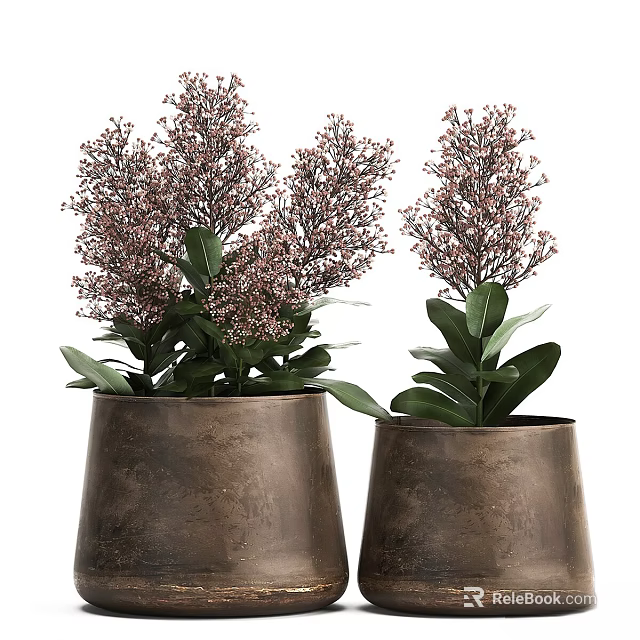 Bonsai Potted Plants In Metal Pots With Pink Small Flowers And Green Leaves 3d model 
