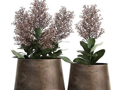 Bonsai Potted Plants In Metal Pots With Pink Small Flowers And Green Leaves 3d model