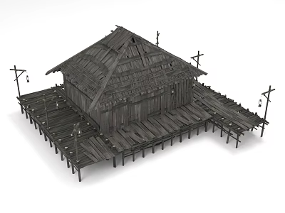 Weathered Wooden House on Stilts with Sloped Roof and Wooden Platform 3d model
