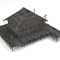 Weathered Wooden House on Stilts with Sloped Roof and Wooden Platform