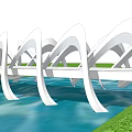 Landscape Bridge With White Arched Structures Over Blue Water Surface And Green Grassland 3d model