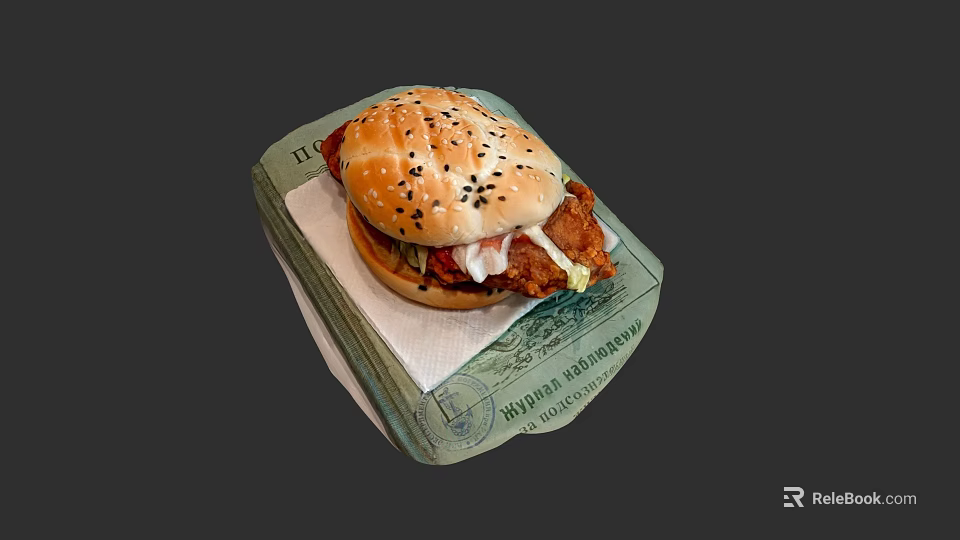 Delicious Fried Chicken Burger With Sesame Seed Bun And Green Wrapper With Text 3d model 