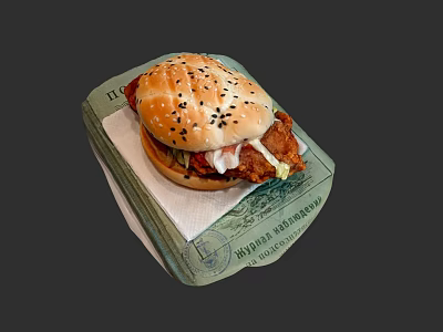 Delicious Fried Chicken Burger With Sesame Seed Bun And Green Wrapper With Text 3d model