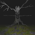 Mysterious Game Movie Character Withered Tree With Eyes And Mouth Dark Background