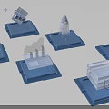Futuristic Tech Platforms With 3D Icons Rocket Building Chart Gear And Pyramid Elements Blue Toned