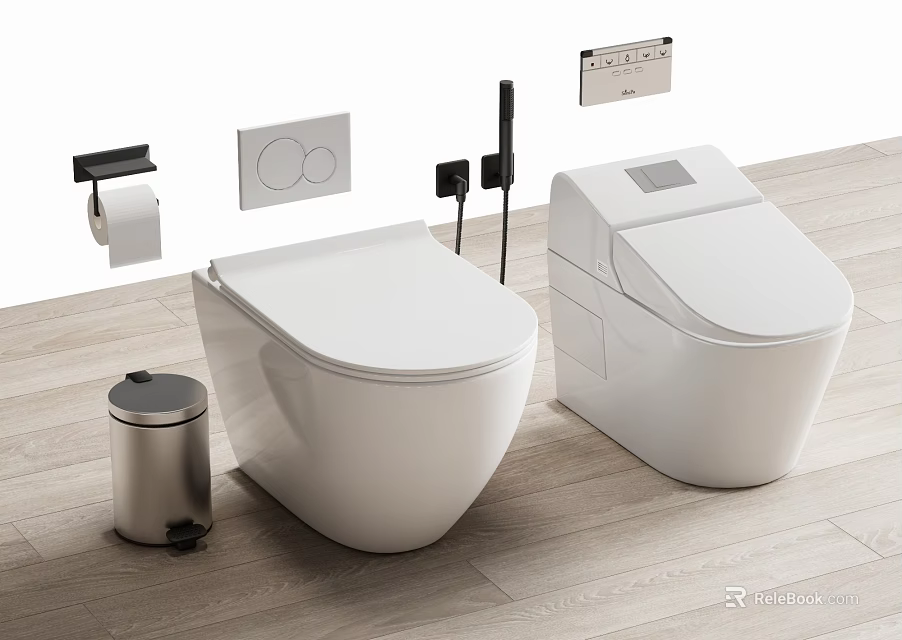 Modern White Toilets Interior Design With Trash Bin Toilet Paper Holder And Control Panel 3d model 
