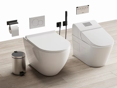 Modern White Toilets Interior Design With Trash Bin Toilet Paper Holder And Control Panel 3d model