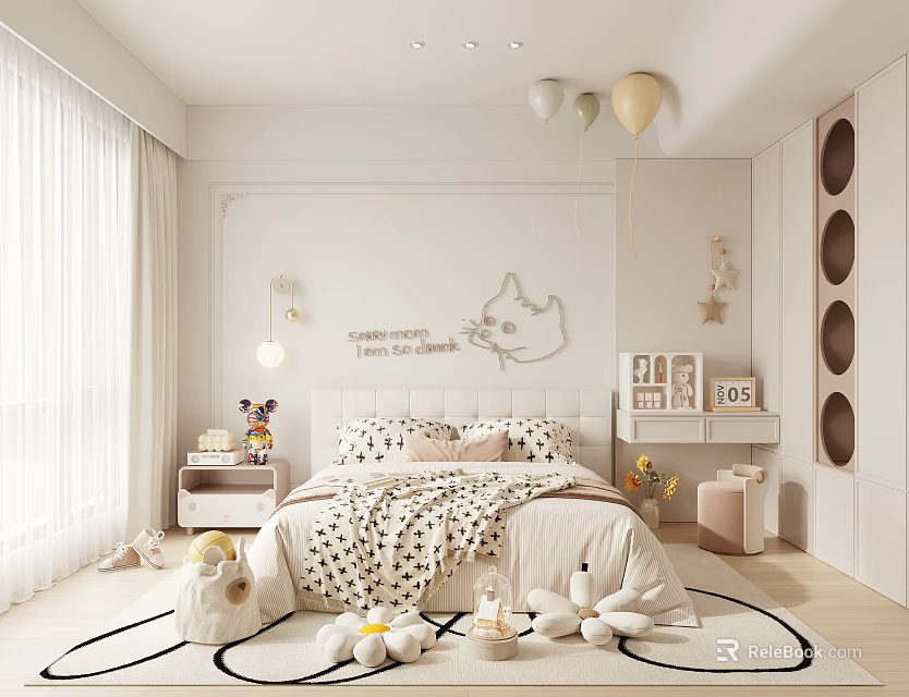 Cozy Kids Bedroom Interior With Cartoon Wall Art Stuffed Toys And Soft Rug 3d model 