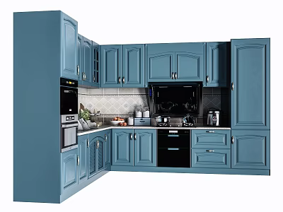 Modern Blue Kitchen Cabinets With Elegant Countertop And Appliances Design 3d model