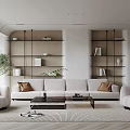 Modern Living Room Interior With White Sofa Brown Cushions Bookshelves And Green Plant