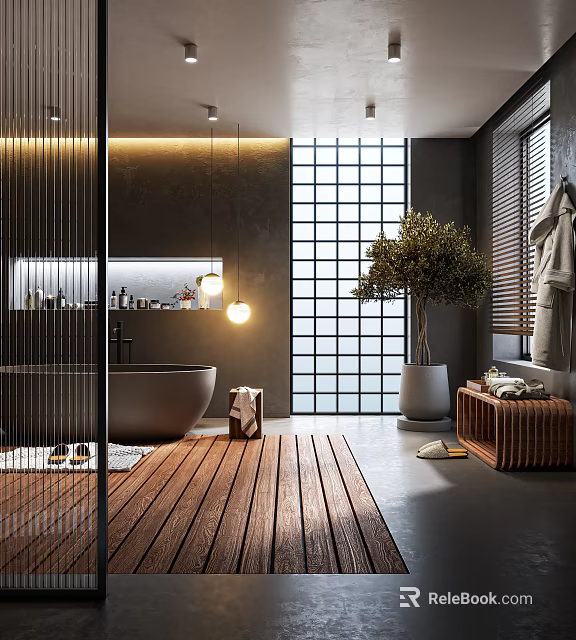 Modern Bathroom Interior With Open Layout Bathtub Wooden Flooring Large Window And Green Plant 3d model 
