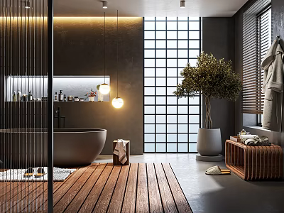 Modern Bathroom Interior With Open Layout Bathtub Wooden Flooring Large Window And Green Plant 3d model