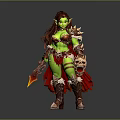 Green Skinned Female Warrior With Red Hair Flaming Weapon And Skull Decoration