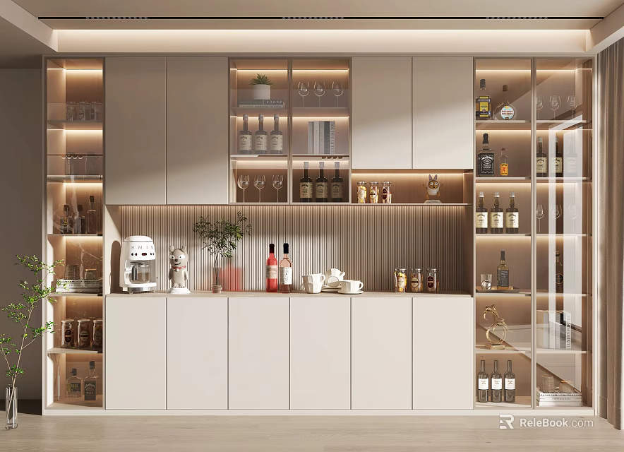 Modern Wine Cabinet Design With Glass Doors Interior Lighting And Wine Glass Storage 3d model 