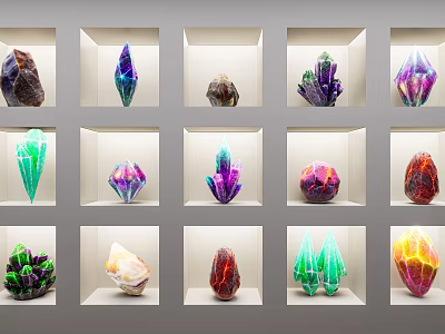 Jewelry Gemstone Crystals Display In Various Colors And Shapes In Showcase Compartments 3d model