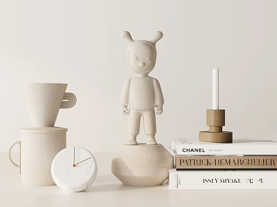 Minimalist Decorative Ornament Set With Cartoon Figurine Beige Mug White Clock Books And Candle Holder 3d model