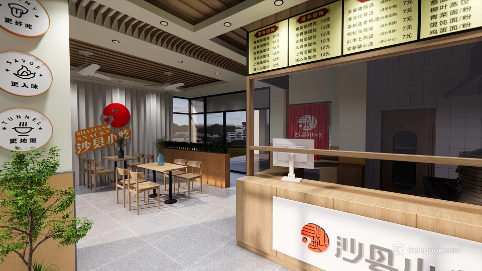 Bright Sha County Snacks Restaurant Interior With Wooden Counter Menu Board And Tables 3d model 