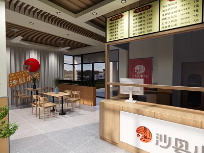 Bright Sha County Snacks Restaurant Interior With Wooden Counter Menu Board And Tables 3d model