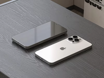 Sleek Apple Smartphones In Gray And White With Four Camera Lenses On Table 3d model