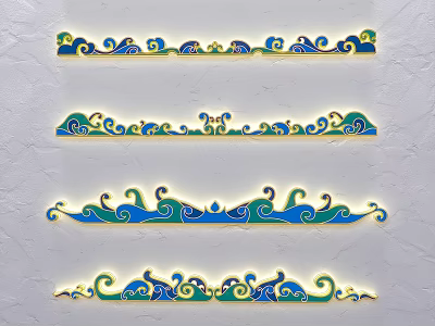 Colorful Wave Pattern Wall Decor With Blue Green Gold Ornamental Borders For Home Interior 3d model