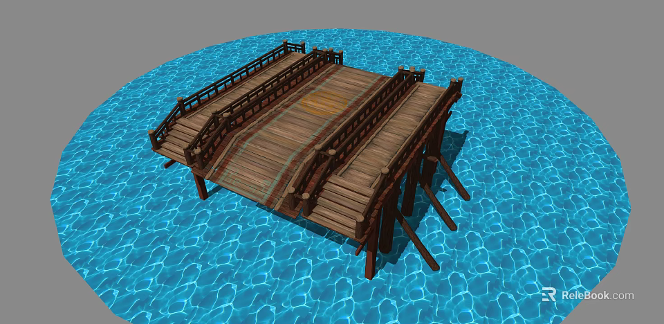 Traditional Wooden Bridge With Brown Planks Over Blue Water Surface And Railings 3d model 