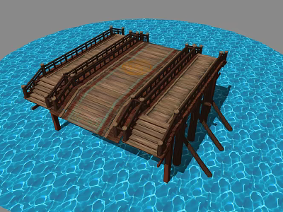 Traditional Wooden Bridge With Brown Planks Over Blue Water Surface And Railings 3d model
